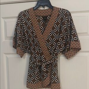 Worthington Brown and Black Wrap Blouse with Kimono Sleeves